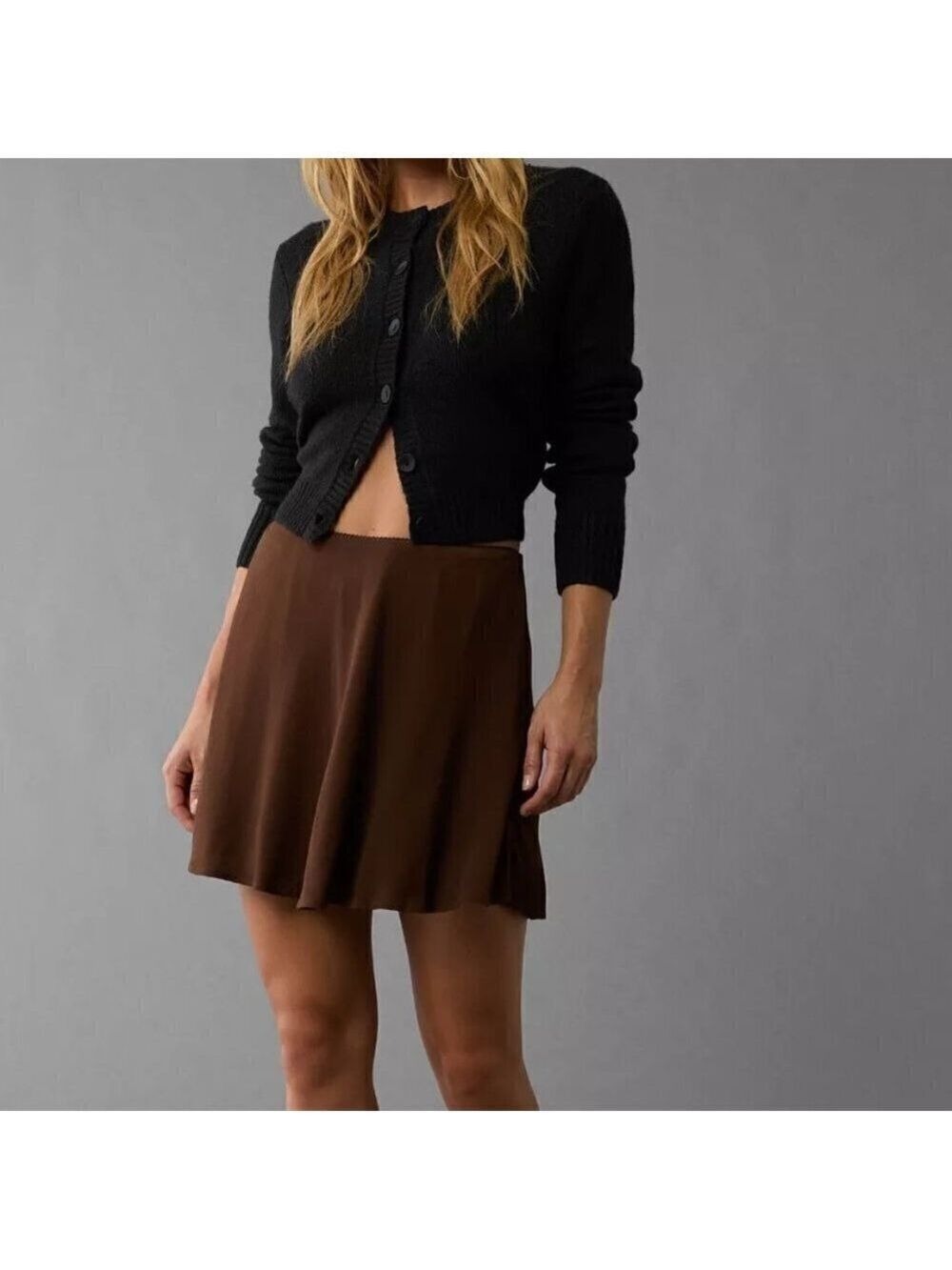 NWT American Eagle Stretch High-Waisted Crepe Mini Slip Skirt Brown Small